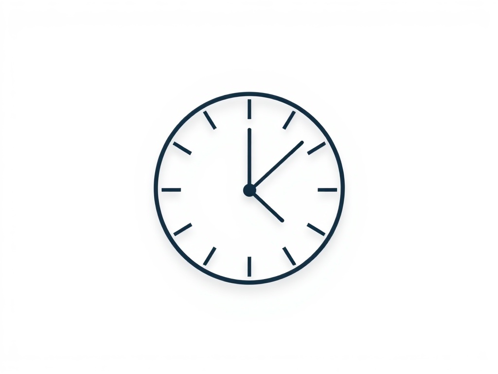 Minimalist geometric icon: a circle with a clock hand, thin lines, white background, sharp shadows. 8k, vector-style render.